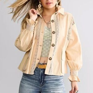 Gimmicks Cotton Pieced Crochet Cream Lightweight Jacket